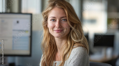 Free Download Smiling woman with long hair sitting in an office environment. - GFXLoad