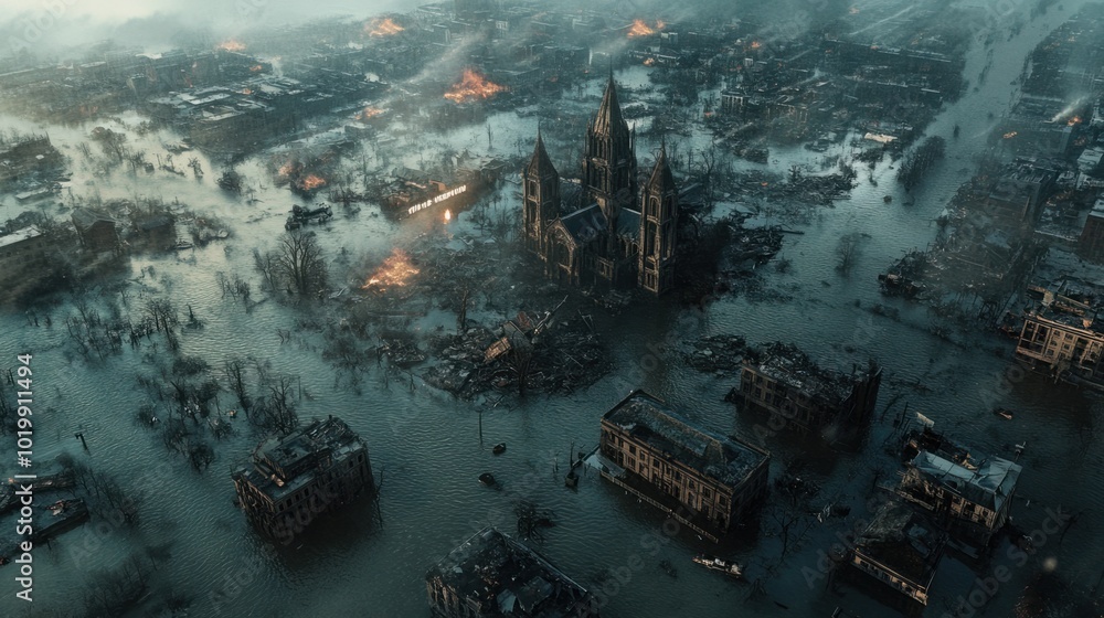 An aerial view of a city devastated by a hurricane, with flooded streets and widespread damage. An aerial view of a city devastated by a hurricane, with flooded streets and widespread damage.