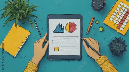 An artistic illustration showcasing a tablet with graphs on a desk, surrounded by various office tools, emphasizing analysis, productivity, and creativity. photo