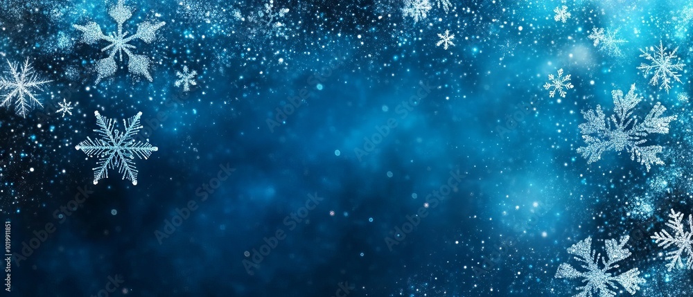 Elegant blue winter banner featuring intricate snowflakes and frosty patterns for seasonal promotions and holiday designs