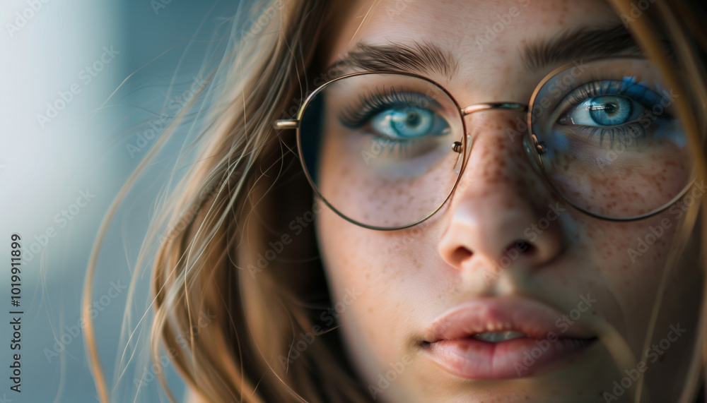 Fototapeta premium Close-Up Portrait of Young Woman with Freckles and Glasses, Striking Blue Eyes and Captivating Gaze