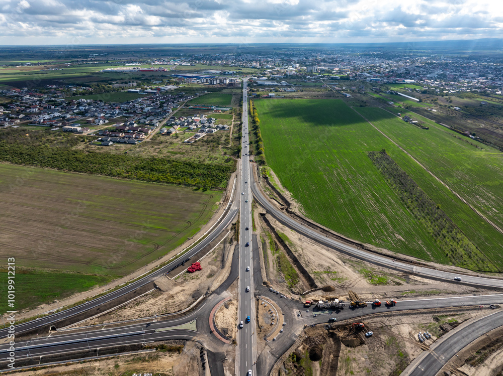 A7 Moldova Buzau Focsani highway. Aerial photo with this historical high speed road in Romania in Moldova before inauguration. Transportation industry in Romania.