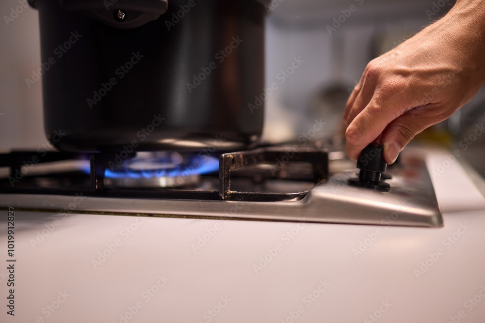 Cooking delicious meals on a modern gas stove using a sleek black pot is an art Cooking delicious meals on a modern gas stove using a sleek black pot is an art