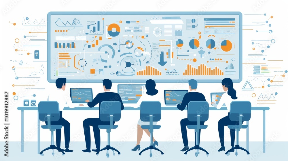 A diverse team works collaboratively, seated and facing a massive screen full of data visuals and analytics, depicting teamwork and new age business strategy. A diverse team works collaboratively, seated and facing a massive screen full of data visuals and analytics, depicting teamwork and new age business strategy.