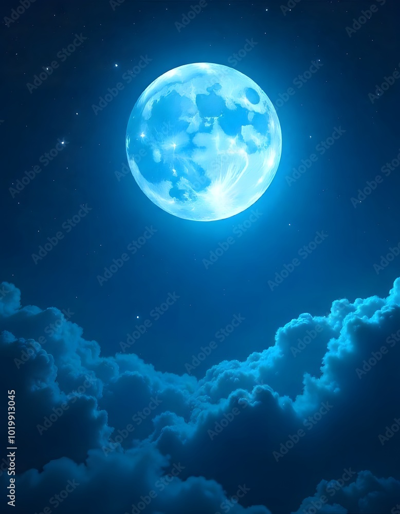 Fototapeta premium sky with moon and clouds. blue moon in dark starry night sky and clouds. 