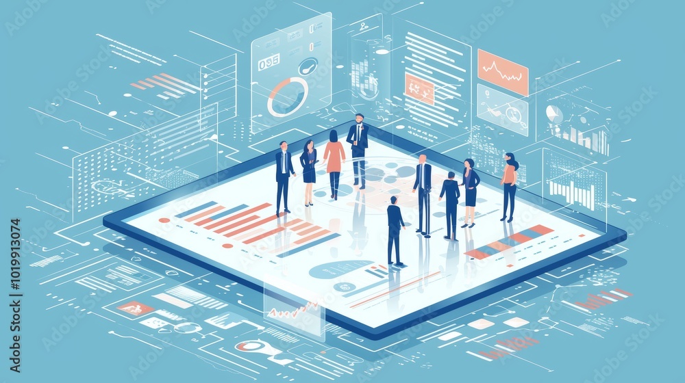 Fototapeta premium A diverse team is seen collaborating around a large tablet, integrated with floating digital data and visual elements, portraying teamwork and innovation in action.