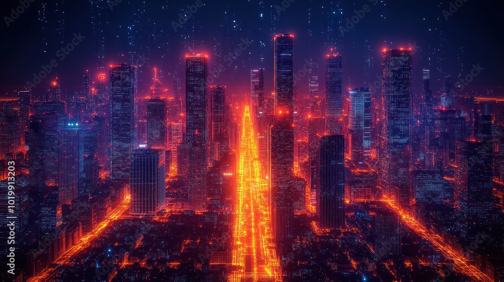 Futuristic cityscape illuminated by neon lights and traffic. Futuristic cityscape illuminated by neon lights and traffic.