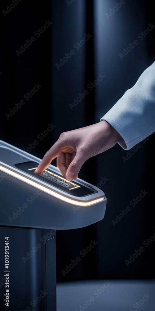 Naklejka premium Close-up of a hand pressing a modern control button in a dark environment.