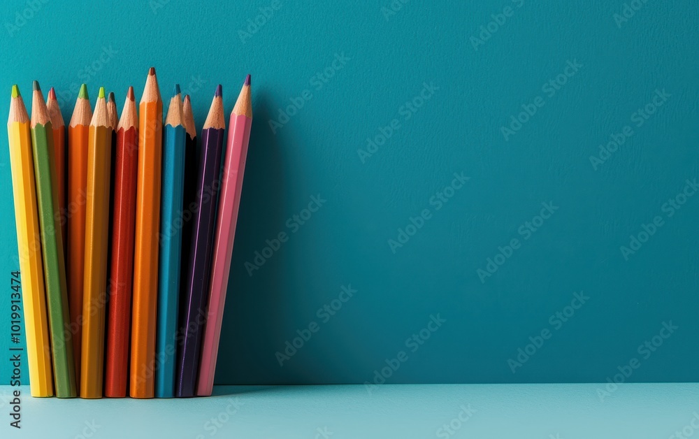 Fototapeta premium Colorful pencils arranged neatly against a turquoise background.