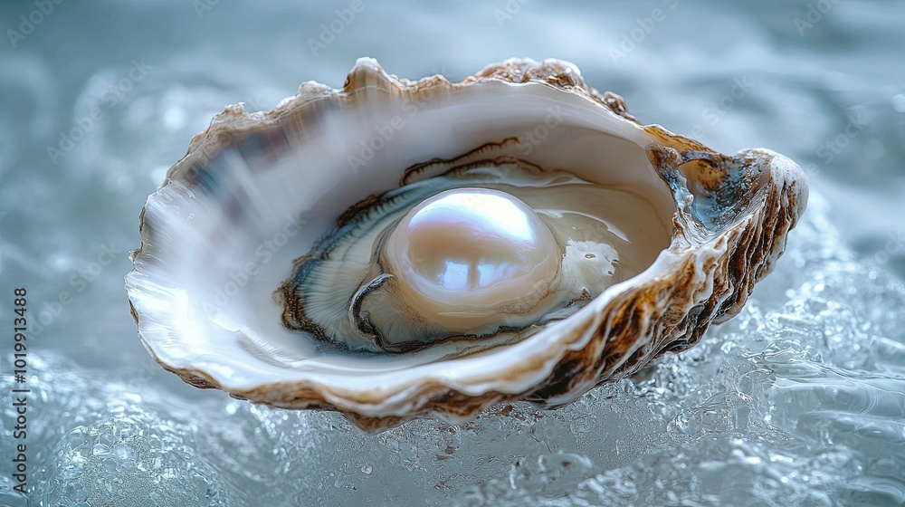 A Pearl Resting in an Open Oyster Shell on Ice