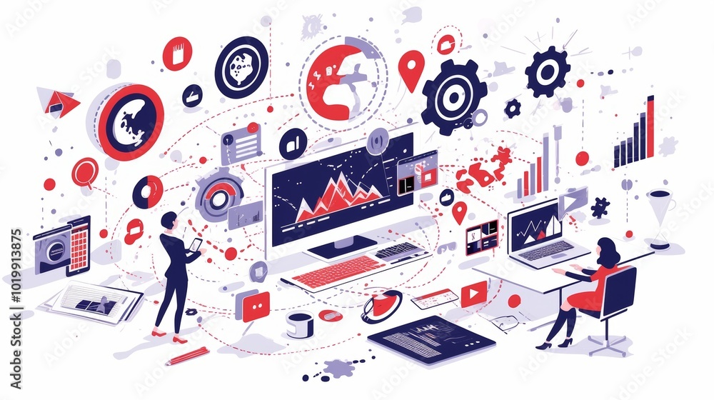 Vivid infographic of a team analyzing data across multiple devices, featuring charts and gears symbolizing analytics and strategic decision-making. Vivid infographic of a team analyzing data across multiple devices, featuring charts and gears symbolizing analytics and strategic decision-making.