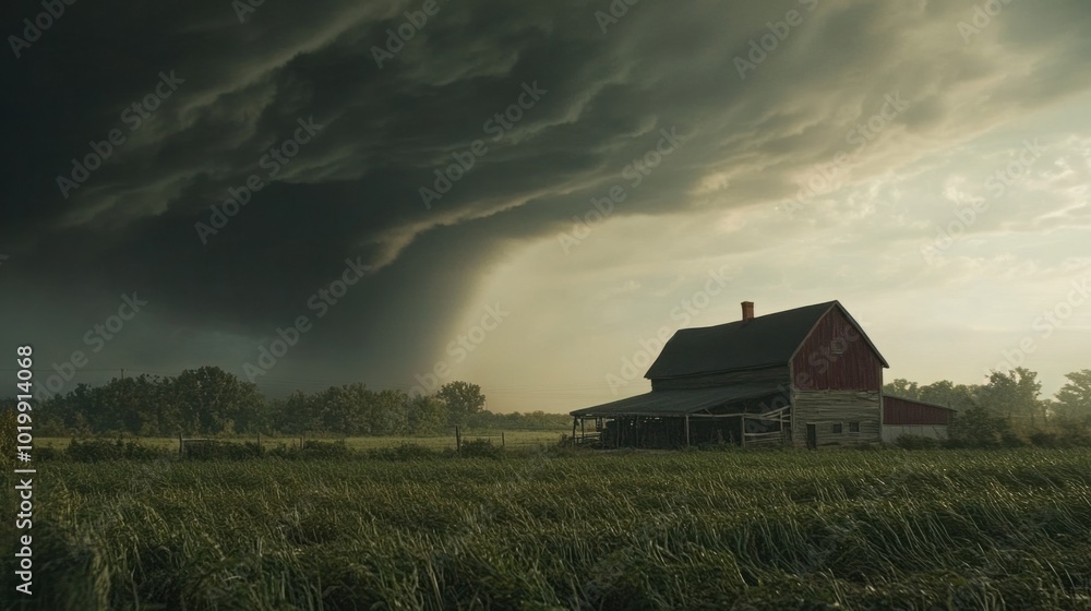 An ominous sky with a funnel cloud approaching a rural farm, threatening severe damage. An ominous sky with a funnel cloud approaching a rural farm, threatening severe damage.
