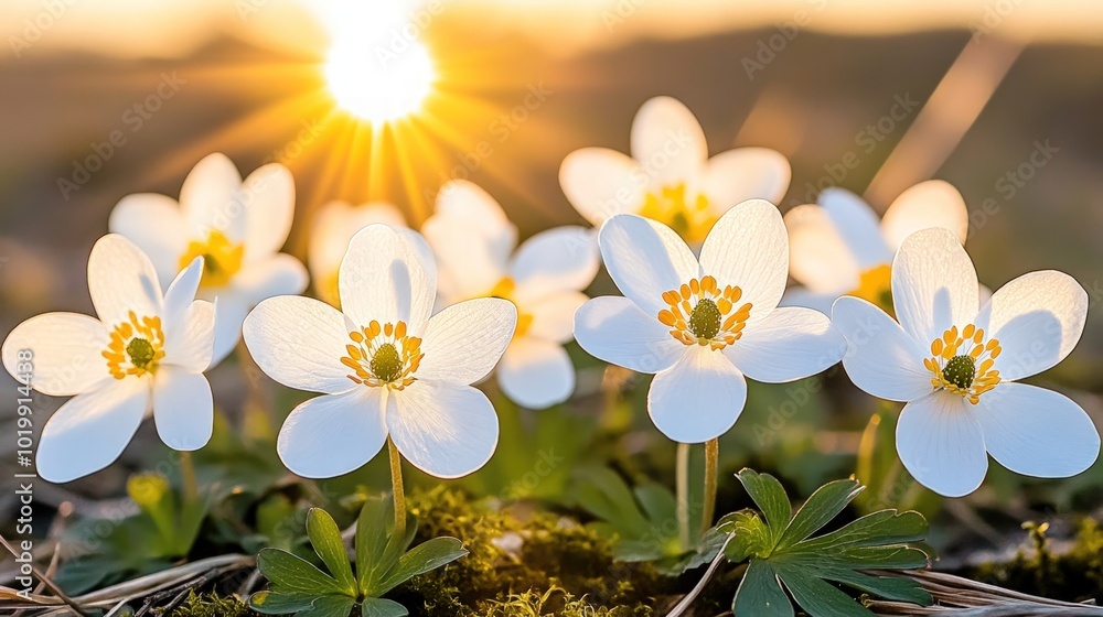 Fototapeta premium White flowers blooming in a field bathed in the golden light of the setting sun.