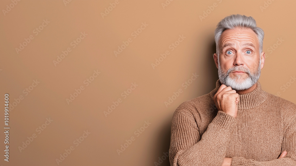 Elderly man with gray hair in thoughtful pose against brown background. Elderly man with gray hair in thoughtful pose against brown background.