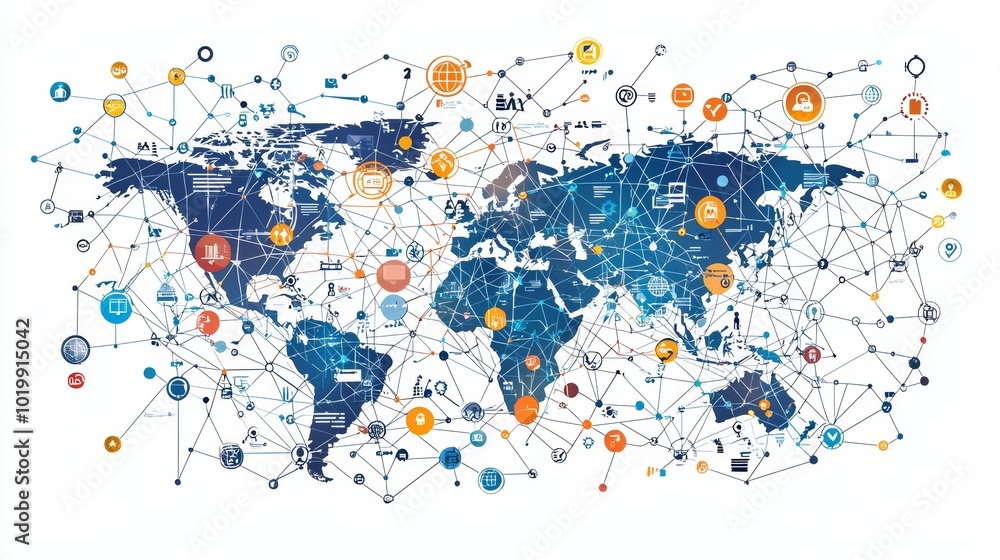 Fototapeta premium A world map intricately connected through various icons, symbolizing a complex global network, showcasing connectivity and contemporary global interaction.