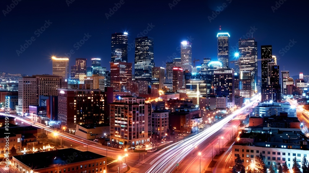 Obraz premium Vibrant city skyline at night with illuminated buildings, urban design, for travel projects, copy space