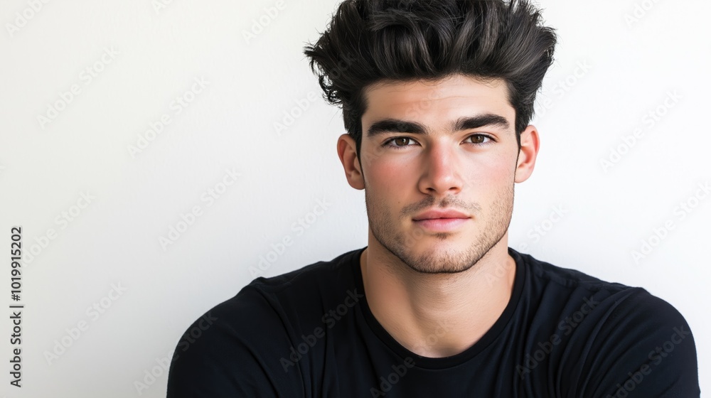 Fototapeta premium A cheerful young man radiates happiness, exuding confidence and warmth in a minimalist setting