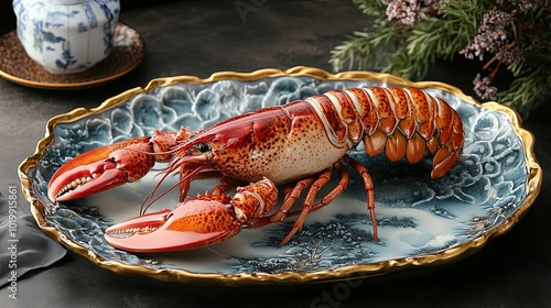 A Cooked Lobster on a Blue and Gold Decorative Plate photo