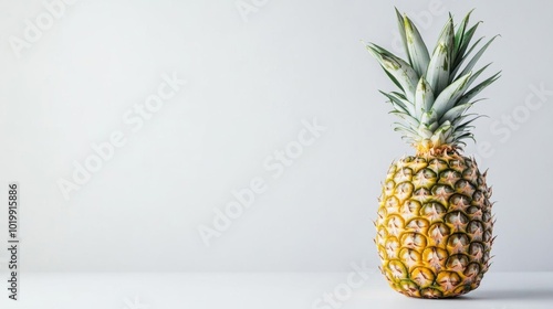 A vibrant pineapple stands alone on a clean white background, showcasing its unique texture and fresh appearance.