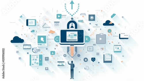 Wallpaper Mural An individual reaches towards a digital lock icon, surrounded by cloud and network icons, symbolizing security and connectivity in a tech environment. Torontodigital.ca
