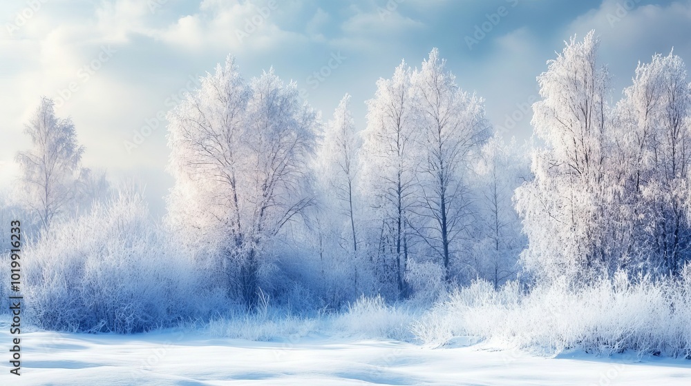 Serene winter forest landscape with snow-covered trees and frosty atmosphere Serene winter forest landscape with snow-covered trees and frosty atmosphere