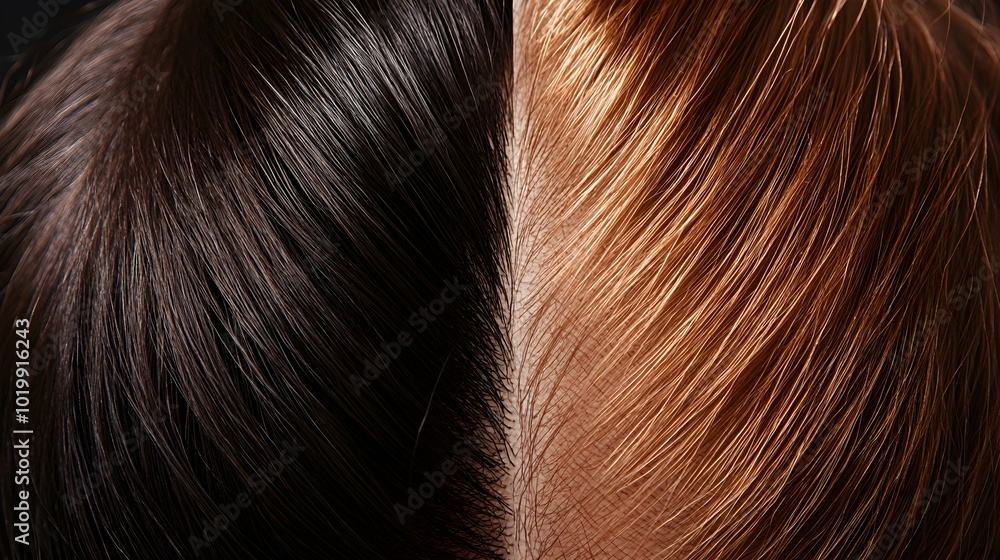 Fototapeta premium Before-and-after shots of a woman's thinning scalp, showcasing hair regrowth and thicker strands after consistent use of hair growth serum, Photorealistic, High Detail
