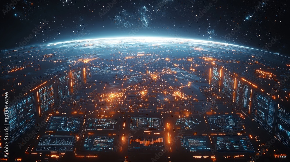 Fototapeta premium A futuristic view of Earth with digital data panels, showcasing technology, innovation, and global connectivity from a high-tech perspective in space.