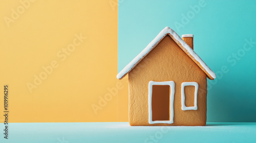 A gingerbread house is sitting on a yellow and blue background