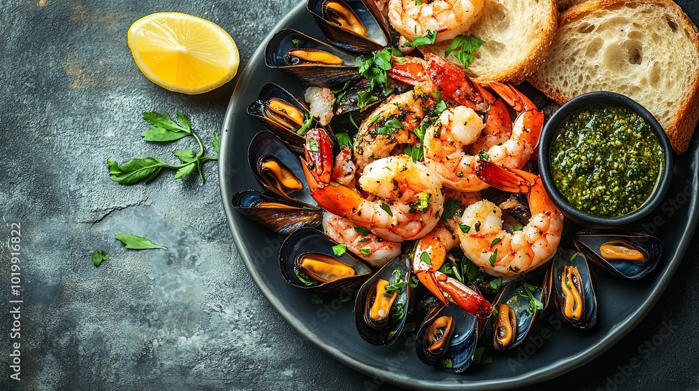 Grilled Shrimps, Mussels, and Pesto with Bread on Black Plate Grilled Shrimps, Mussels, and Pesto with Bread on Black Plate