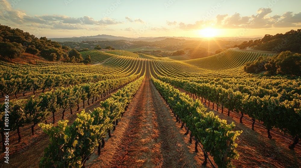 Naklejka premium Scenic vineyard landscape at sunset with rows of grapevines.