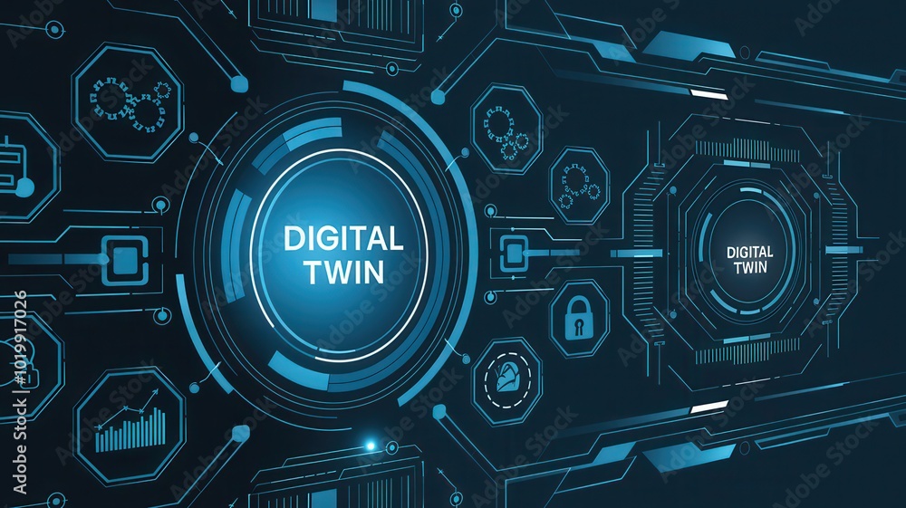 Digital twin technology graphic with blue highlights on dark background. Digital twin technology graphic with blue highlights on dark background.