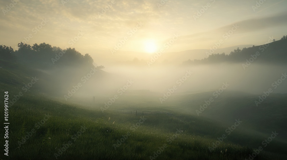 Obraz premium Early morning fog rolling over the hills of a quiet countryside, with the sun just rising.