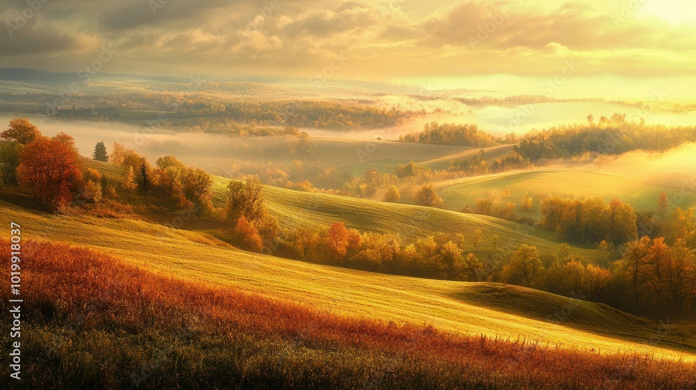 Fototapeta premium Early morning sunlight piercing through clouds over a vibrant autumn landscape of rolling hills.