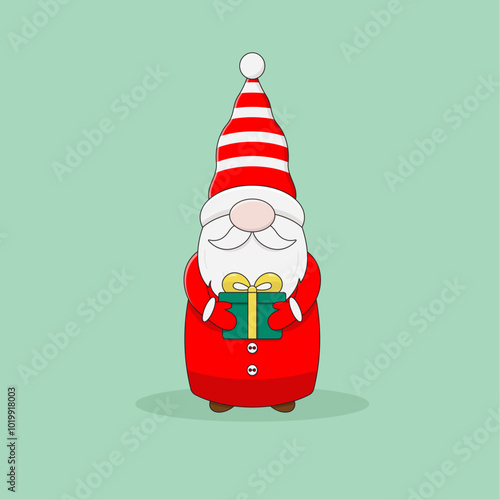 Cute Christmas gnome in red coat, striped hat and mittens holds green gift box with yellow bow. Cartoon style vector illustration.