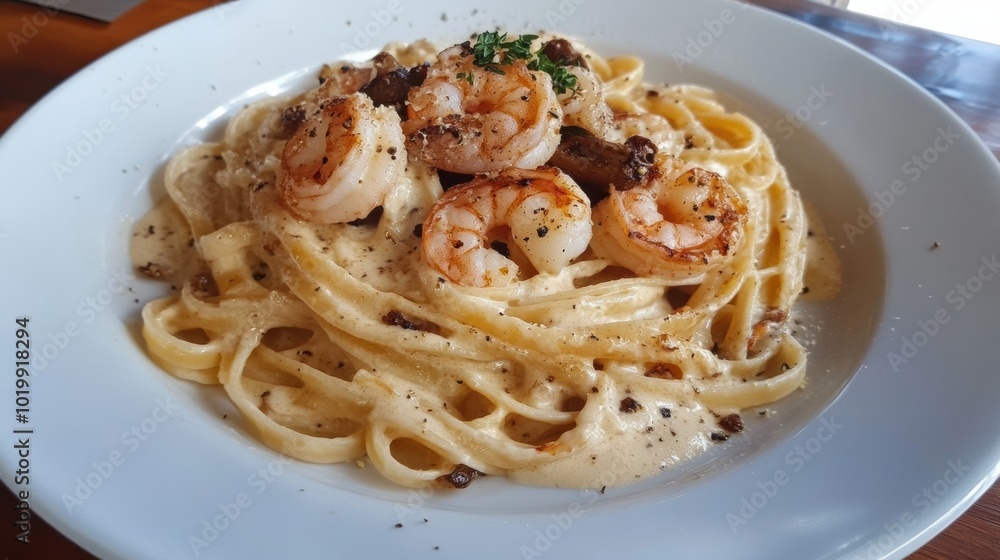 A white plate topped with pasta and shrimp A white plate topped with pasta and shrimp