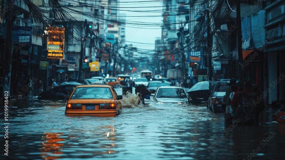 Flooded streets in a busy urban center, with cars and people navigating through the water. Flooded streets in a busy urban center, with cars and people navigating through the water.