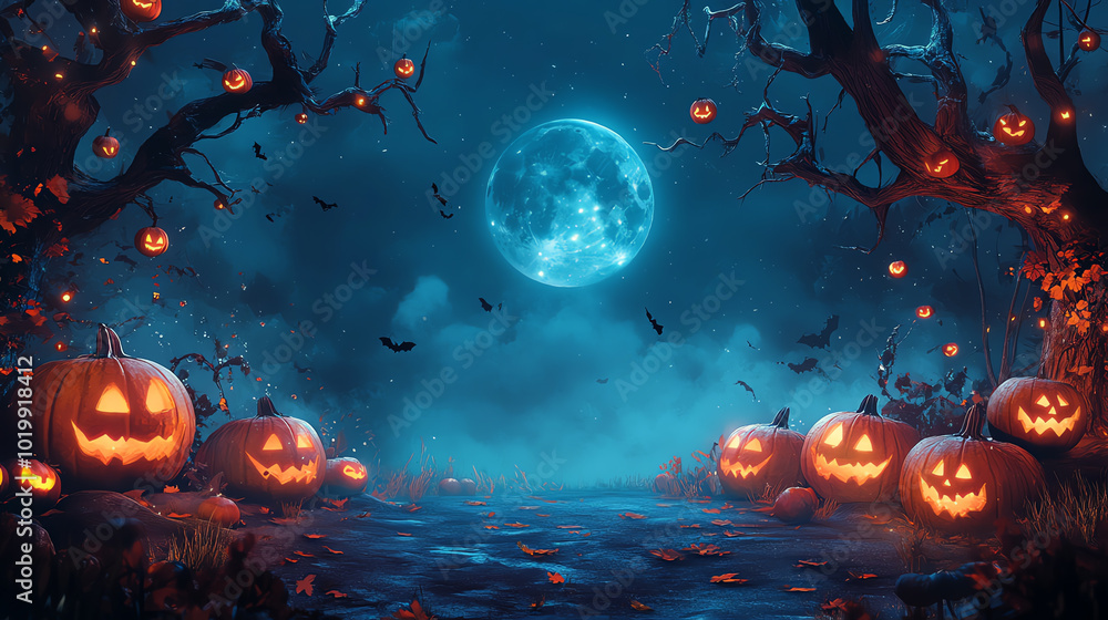 Spooky Halloween scene with glowing pumpkins, a full moon, and bats flying through the air. Spooky Halloween scene with glowing pumpkins, a full moon, and bats flying through the air.