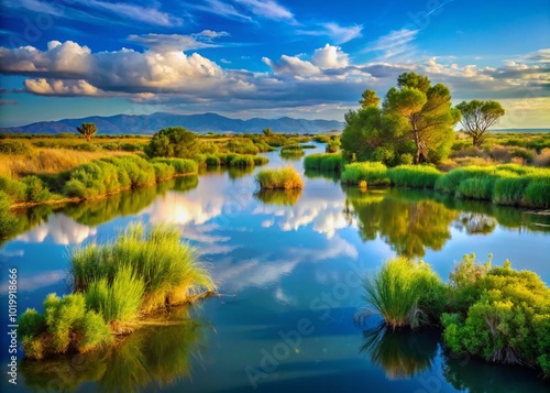 Scenic View of Parc Natural del Delta de l'Ebre Featuring Lush Landscapes and Tranquil Waterscapes