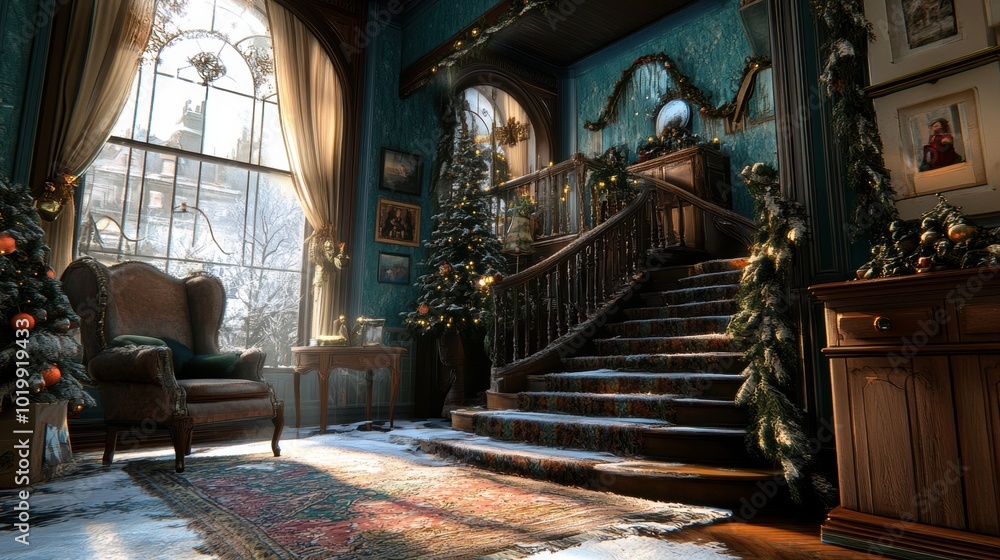 Fototapeta premium A living room with a christmas tree in the corner