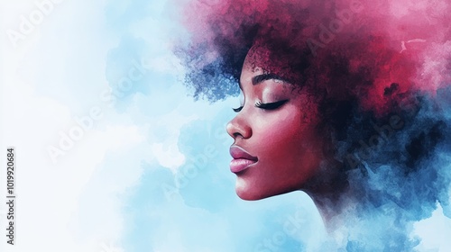 A watercolor painting of a beautiful young woman with her eyes closed, her afro hair blending into the watercolor background.