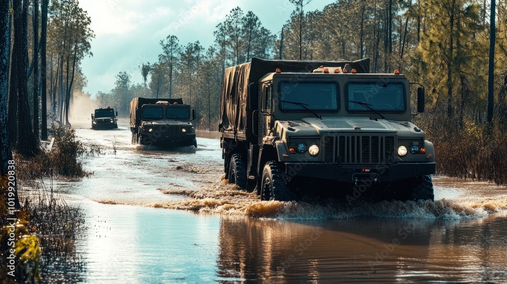 Military vehicles assisting with disaster relief after a hurricane, navigating flooded roads. Military vehicles assisting with disaster relief after a hurricane, navigating flooded roads.