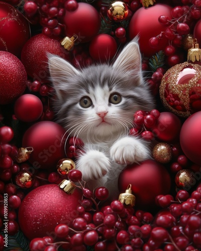 A cute kitten nestled among red Christmas baubles and berries, creating a heartwarming holiday scene filled with charm and warmth.