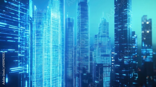 Futuristic Cityscape with Blue Neon Lights