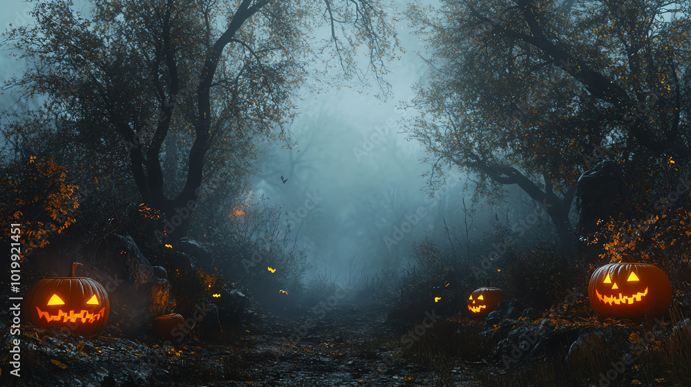 Spooky Halloween scene with glowing pumpkins, eerie fog, and dark trees creating a haunting atmosphere for the season. Spooky Halloween scene with glowing pumpkins, eerie fog, and dark trees creating a haunting atmosphere for the season.