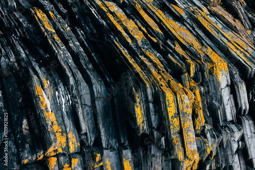 Close-up of rugged rock surface with unique yellow and black patterns photo