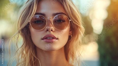 A blonde woman with sunglasses on her face