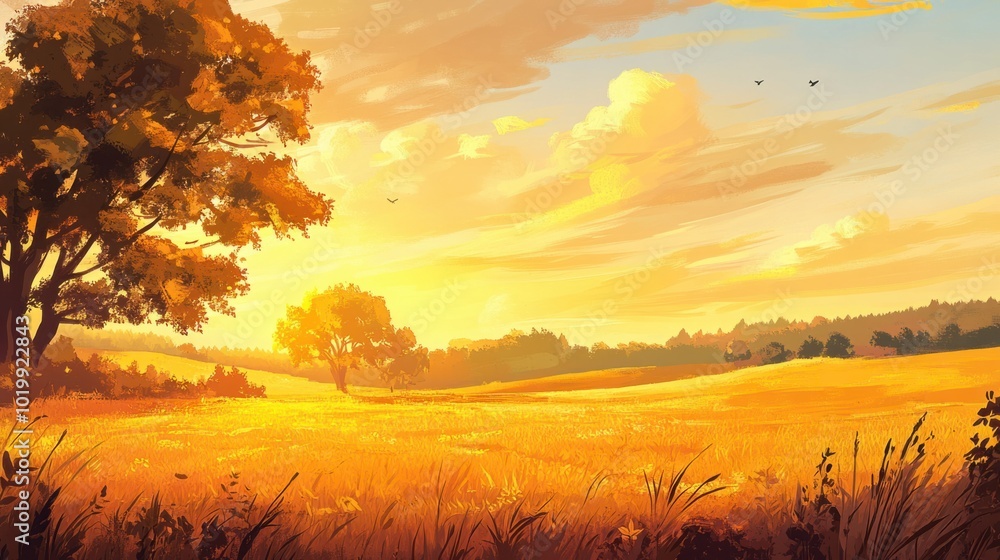 Serene countryside with a glowing golden sunset casting warm light on the horizon. Serene countryside with a glowing golden sunset casting warm light on the horizon.