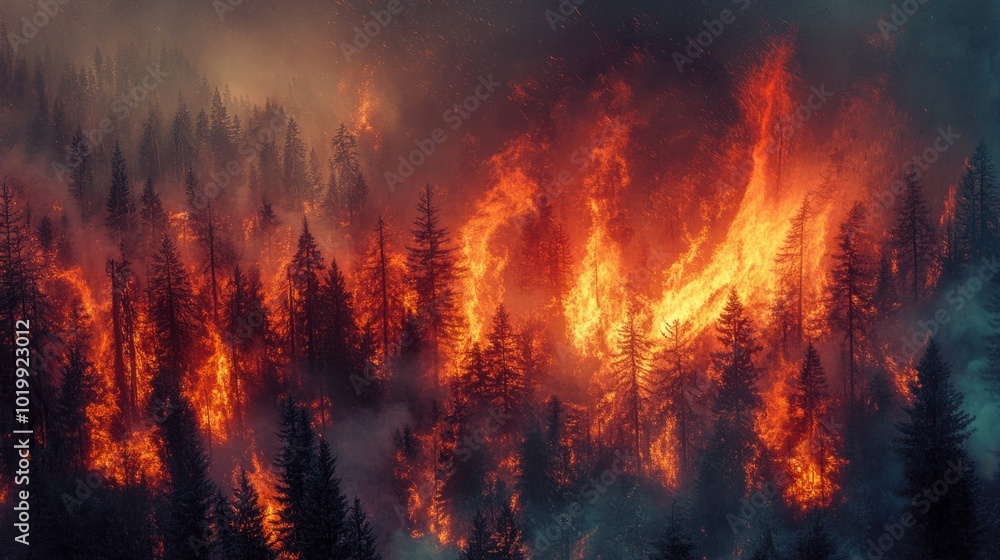 Smoke and flames consuming a once-thriving forest, illustrating deforestation and climate change. Smoke and flames consuming a once-thriving forest, illustrating deforestation and climate change.