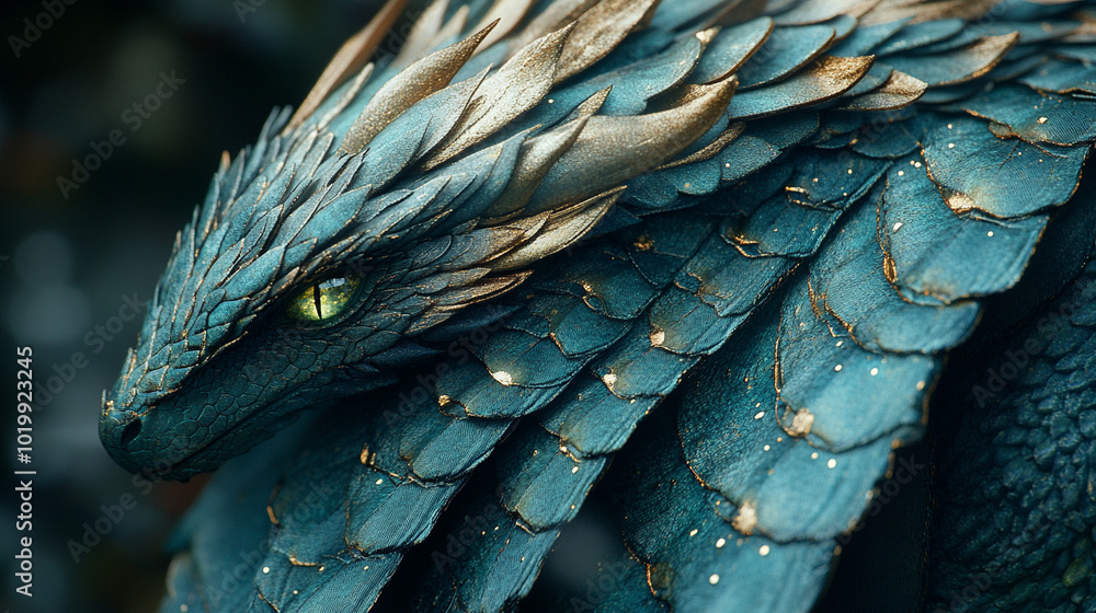 Fototapeta premium metallic green-blue dragon scales glistening in soft focus. Symbolizing strength, mystery, and fantasy, the iridescent texture evokes mythical creatures and hidden power in a surreal world