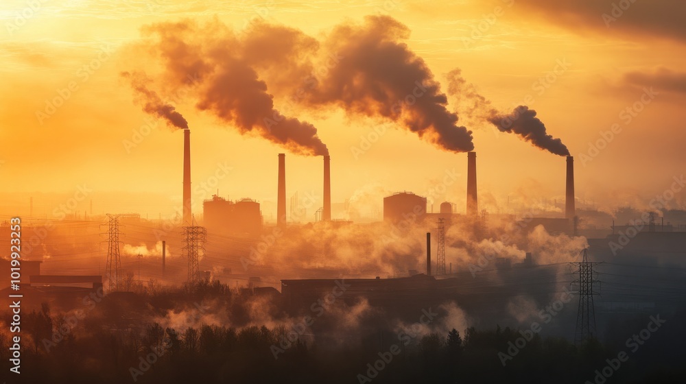 Smoke billowing from factory chimneys, darkening the sky and creating a thick layer of smog. Smoke billowing from factory chimneys, darkening the sky and creating a thick layer of smog.